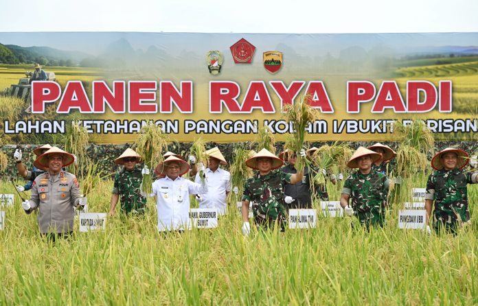 Text foto : Wakil Gubernur Sumatera Utara (Sumut) Surya bersama Panglima TNI Jenderal TNI Agus Subiyanto melakukan Panen Raya Padi Lahan Ketahanan Pangan Kodam I / Bukit Barisan di Desa Perkebunan Ramunia Kecamatan Pantai Labu, Kabupaten Deliserdang, Kamis (10/7/2025). (Foto : Dinas Komunikasi dan Informatika Prov.Sumut)
