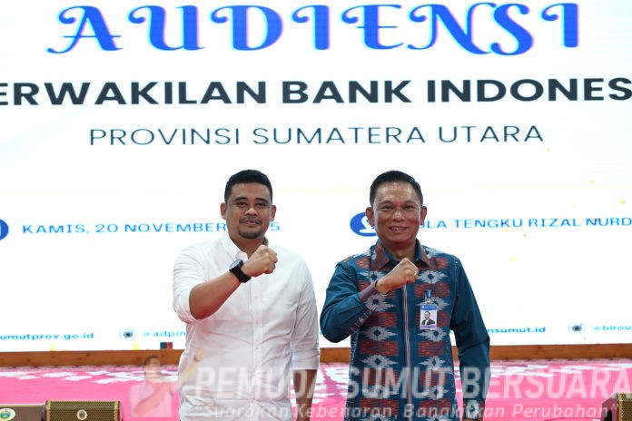 Text foto : Gubernur Sumatera Utara (Sumut) Muhammad Bobby Afif Nasution menerima kunjungan Kepala Perwakilan BI Sumut Rudy Brando Hutabarat, di Aula Tengku Rizal Nurdin, Jalan Sudirman Nomor 41, Medan, Kamis (20/11/2025). (Foto : Ist)