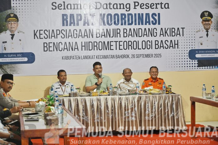 Text foto : Gubernur Sumatera Utara (Sumut) Muhammad Bobby Afif Nasution mengadakan Rapat Koordinasi (Rakor) Kesiapsiagaan Banjir Bandang Akibat Bencana Hidrometeorologi Basah melalui zoom meeting bersama Kepala BMKG RI Dwikorita Karnawati di Kantor Camat Bahorok, Kabupaten Langkat, baru-baru ini. (Foto : Ist)