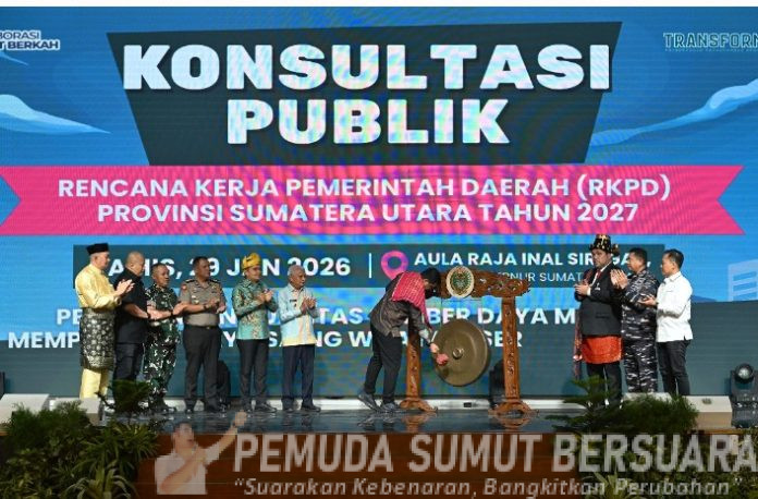 Teks Foto : Gubernur Sumut Bobby Nasution membuka acara Konsultasi Publik Rencana Kerja Pemerintah Daerah (RKPD) Provinsi Sumatera Utara Tahun 2027 di Aula Raja Inal Siregar, lantai 2 Kantor Gubernur Sumut, Jalan Diponegoro No. 30, Medan, Kamis (29/1/2026). (Foto : Ist)
