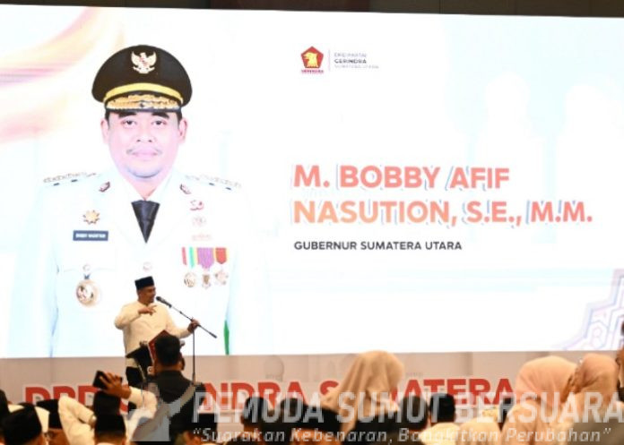 Teks Foto : Gubernur Sumatera Utara (Sumut) Bobby Nasution menghadiri buka puasa bersama Partai Gerindra Sumut dI Convention Hotel Santika Dyandra Jalan Kapten Maulana Lubis, Medan, Sabtu (07/03/2026). Acara dihadiri oleh para petinggi Partai Gerindra Sumut, Ketua DPRD Sumut, serta Bupati/Walikota Se-Sumut. (Foto : Ist) 