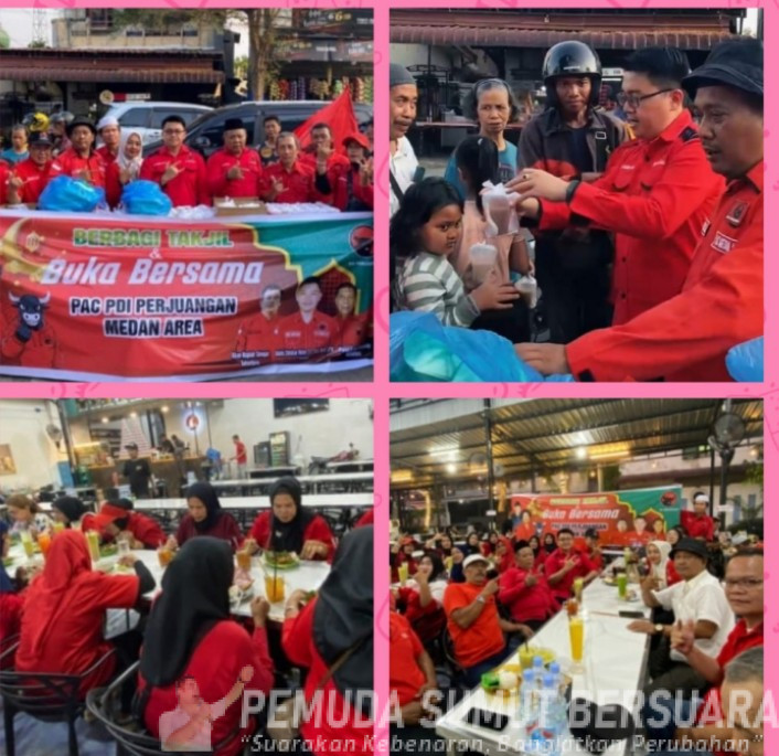 Teks Foto : Bobby Christian Halim ST. SH. MH. Cpm Ketua PAC PDI Perjuangan Medan Area didampingi Sekretaris  Alian Napiah Siregar. serta pengurus lainnya Lisa, Dian dan Endaryanto tampak hadir juga beberapa pengurus Ranting. Rabu (11/03/2026) di sela-sela acara pembagian Takjil dan nasi sebanyak 400 kotak dan Bukber. Di jalan Sutrisno tepatnya di MM Kupie. (Foto : ist) 